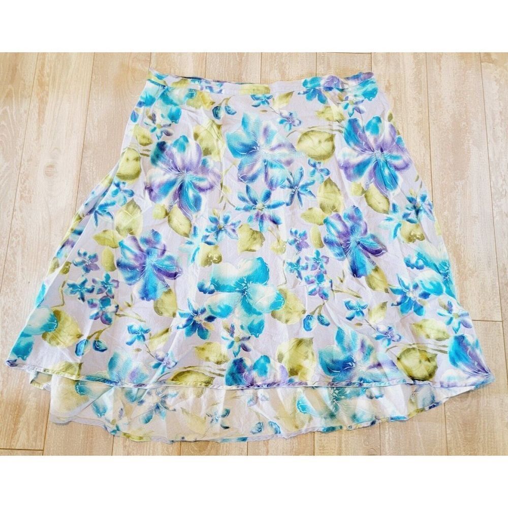 Avenue White Floral A-Line Skirt with Blue & Green Blooms